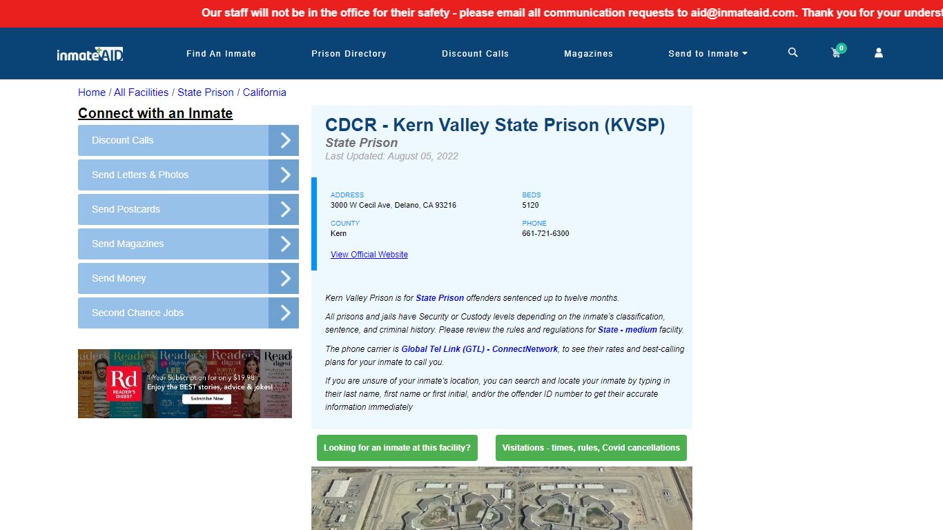 CDCR - Kern Valley State Prison (KVSP) & Inmate Search ...