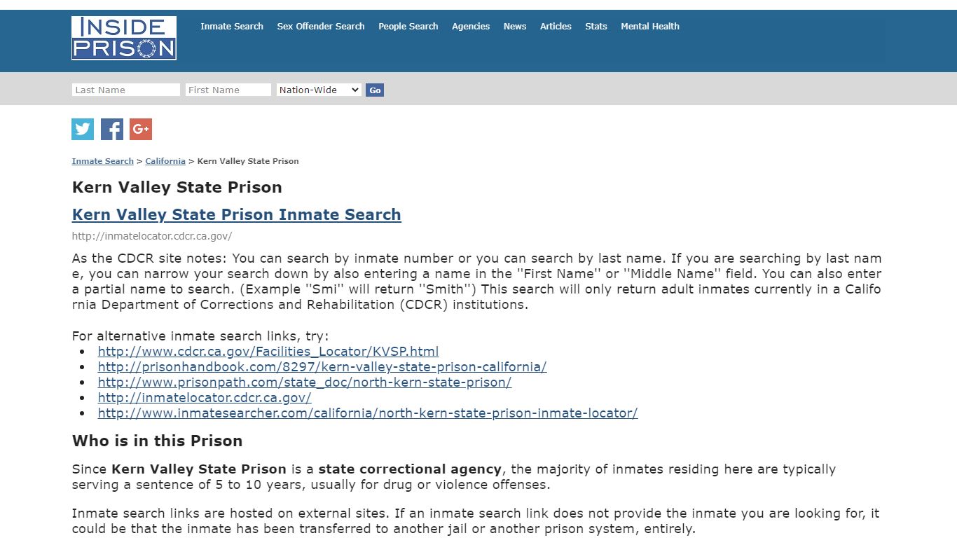 Kern Valley State Prison - California - Inmate Search